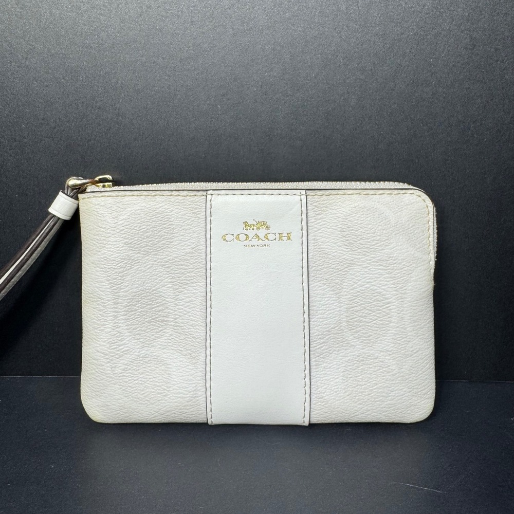 Coach Corner Zip Wristlet Clutch Wallet White Signature Stripe #D2057-58035 EUC